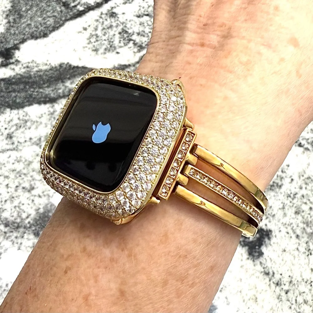 2 pc Apple Watch set white gold lab diamond case and crystal band classy bling